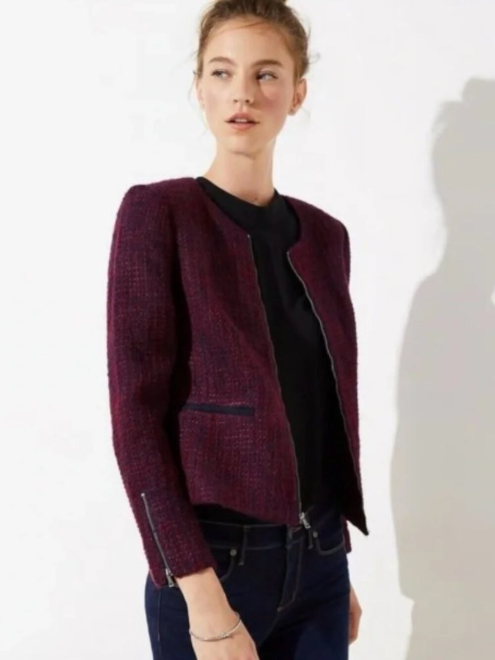LOFT Burgundy Textured Zip-Front Tweed Blazer
